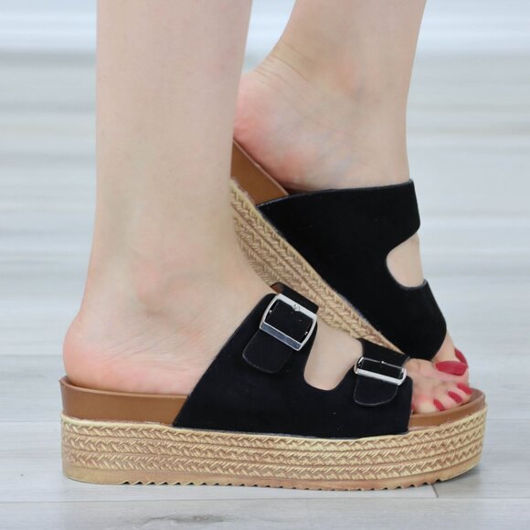 Suede Black Double Straps Comfort Platform Sandal Slip On Sliders - Picture 2 of 12